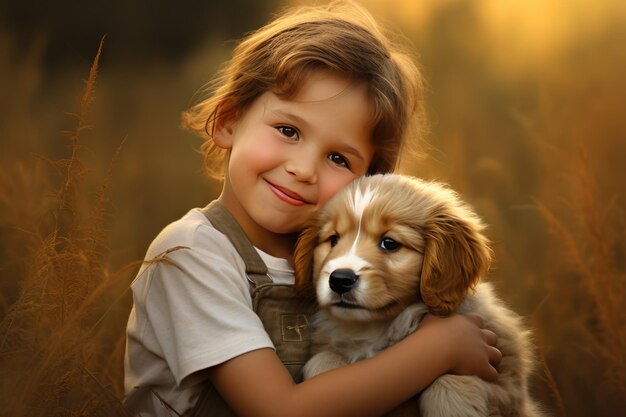 Zdjęcie szczęśliwe dziecko uściskające psa na świeżym powietrzu w przyrodzie