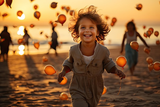 Szczęśliwe dziecko z balonem na plaży o zachodzie słońca generatywnego IA