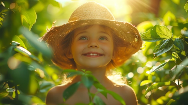 Szczęśliwe dziecko zanurzone w zabawie na świeżym powietrzu słońce i zielenię esencja dzieciństwa cud realistyczny styl AI Generative
