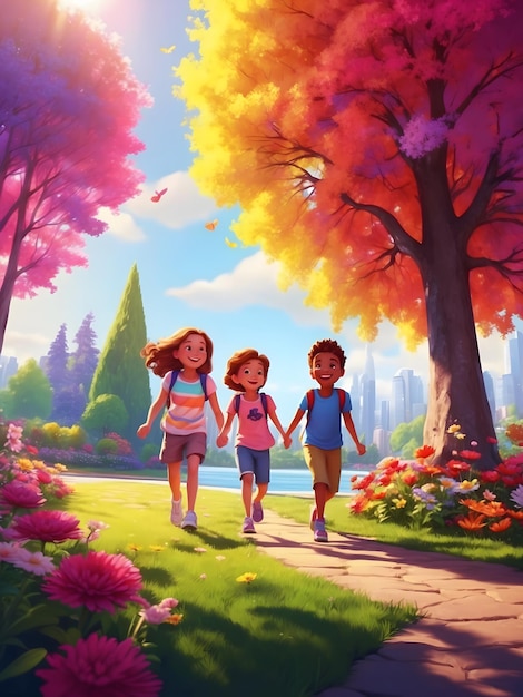 Szczęśliwe i aktywne dzieci bawiące się na świeżym powietrzu w tętniącym życiem parku otoczonym kolorowymi kwiatami