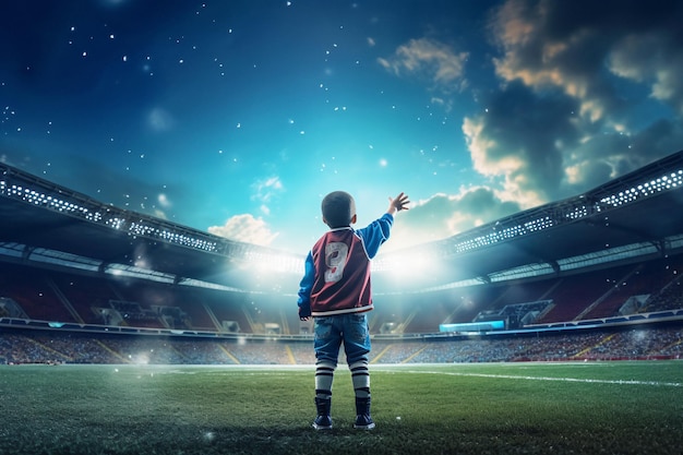 Szczęśliwe i energiczne dziecko trzymające piłkę nożną na tętniącym życiem stadionie Generacyjna sztuczna inteligencja