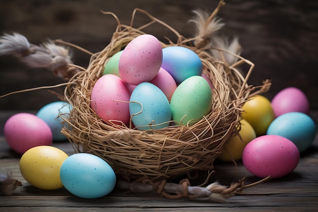 Szczęśliwe jajka wielkanocne w pastelowych kolorach i króliki uszy kartka powitalna