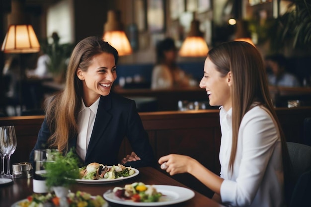 Szczęśliwe kobiety biznesu rozmawiające podczas obiadu w restauracji.