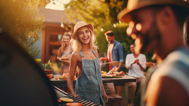 Szczęśliwe kobiety i mężczyźni grillują na grillu podczas imprezy na podwórku