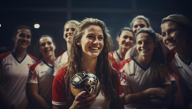 Zdjęcie szczęśliwe kobiety w odzieży siatkówki pozujące na boisku siatkówkowym kapitan trzyma trofeum