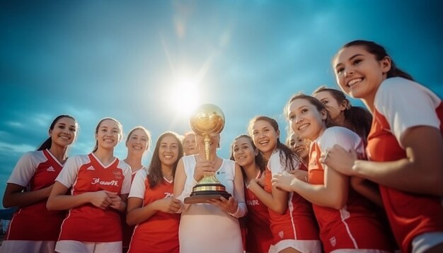 Zdjęcie szczęśliwe kobiety w odzieży siatkówki pozujące na boisku siatkówkowym kapitan trzyma trofeum