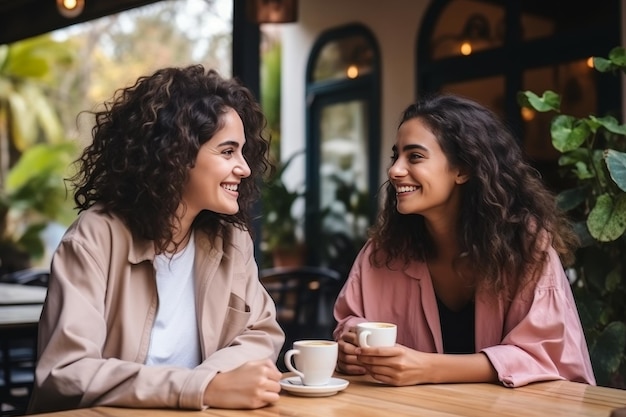 Szczęśliwe młode kobiety cieszące się napojami w kawiarni na świeżym powietrzu