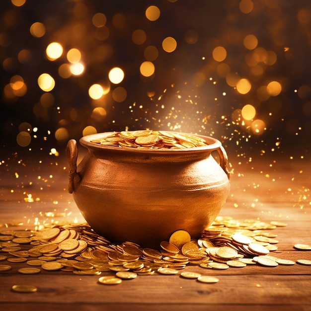 Szczęśliwe tło Dhanteras ze złotym garnkiem wypełnionym złotymi monetami