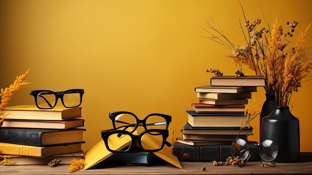 Szczęśliwe tło ukończenia szkoły z stosem książek i szkła na żółtym tle