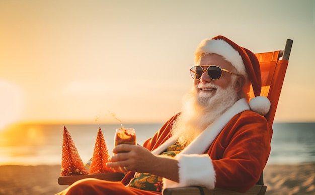 Szczęśliwe uśmiechnięte Boże Narodzenie Święty Mikołaj w okularach przeciwsłonecznych ze świeżym sokiem pomarańczowym, drink z koktajlem, odpoczynek, relaks, cieszenie się słońcem na fotelu na plaży oceanicznej, podróże wakacyjne, koncepcja świąt Nowego Roku.
