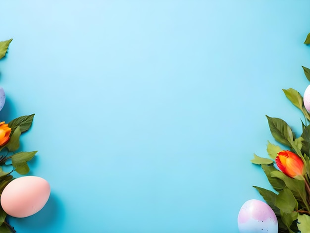Szczęśliwe Wielkanocne farbowane jaja wielkanocne na rustykalnym stole z gałęzią kwiatów wiśni na niebieskim tle