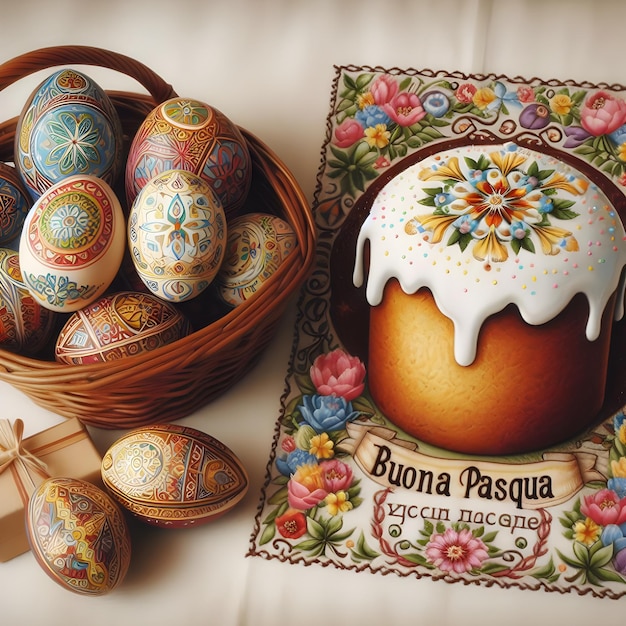 Szczęśliwe Wielkanocne pozdrowienia z koszem ozdobionych jaj i tradycyjnym ciastem