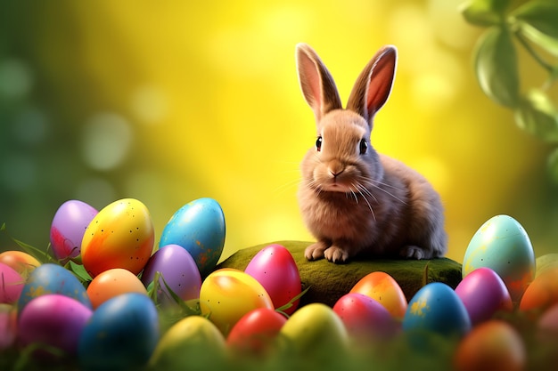 Szczęśliwe Wielkanocne tło z jajkami i królikiem