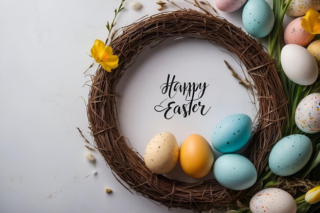 Szczęśliwe Wielkanocne tło z ramką wiadomości i sceną z jajkami wielkanocnymi
