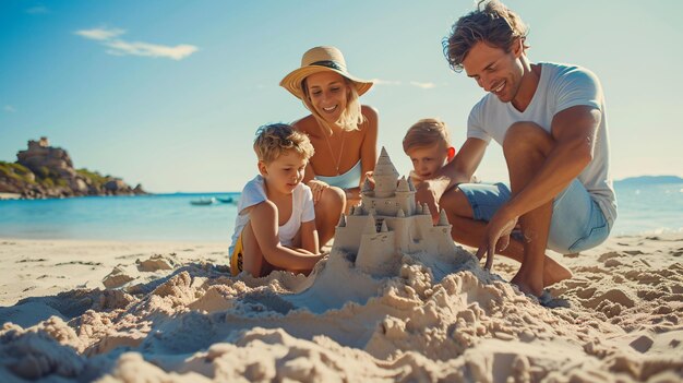 Zdjęcie szczęśliwe więzi rodzinne podczas zabawnego dnia na plaży budując piękny zamek z piasku pod ciepłym słońcem