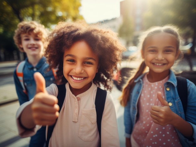 Szczęśliwe, zróżnicowane dzieci pokazujące kciuki na świeżym powietrzu w szkole