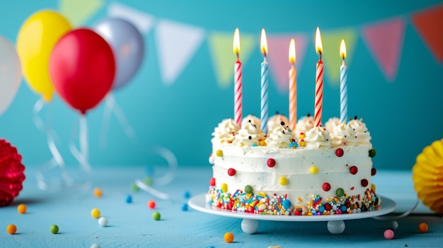 Szczęśliwe życzenia na siódme urodziny Świętując z ciastem kremowym na pięknym niebieskim tle