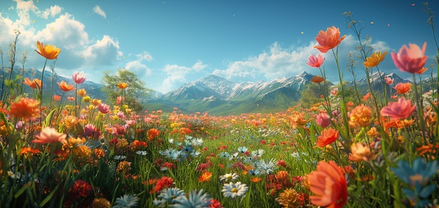 szczęśliwe żywe pole wiosennych kwiatów kąpane w świetle słońca z majestatycznymi górami w tle
