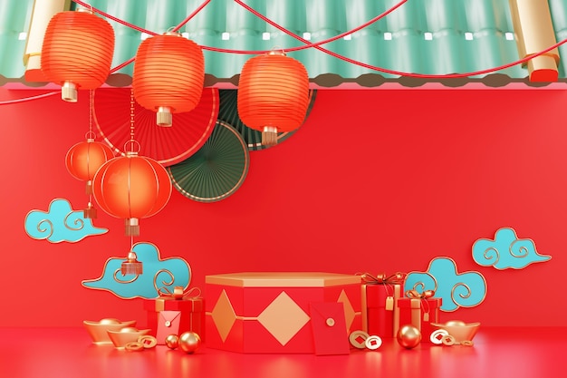 Szczęśliwego chińskiego nowego roku 2023 z rokiem Królika Tradycyjne Podium do pokazania produktu Księżycowy nowy rok czerwone tło ozdobione chińską teksturą złote monety i znak zodiaku renderowania 3D