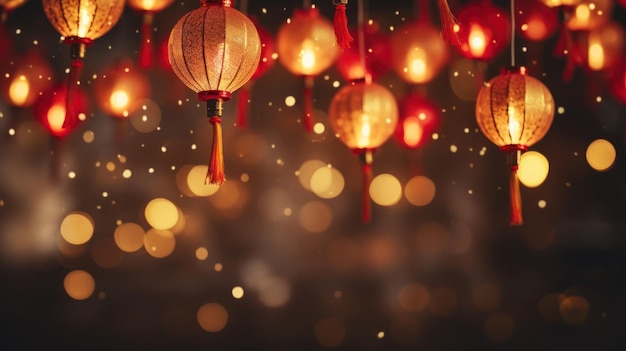 Szczęśliwego chińskiego Nowego Roku 2024 Chińskie latarnie wiszące na tle z niewyraźnym oświetleniem tła Religia i kultura chińskiego święta tradycyjne dla reklam mediów społecznościowych Generatywna sztuczna inteligencja