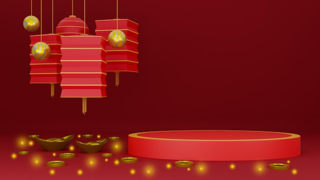 Szczęśliwego chińskiego nowego roku dla produktów wyświetla podium z chińską latarnią i złotem na czerwonym tle