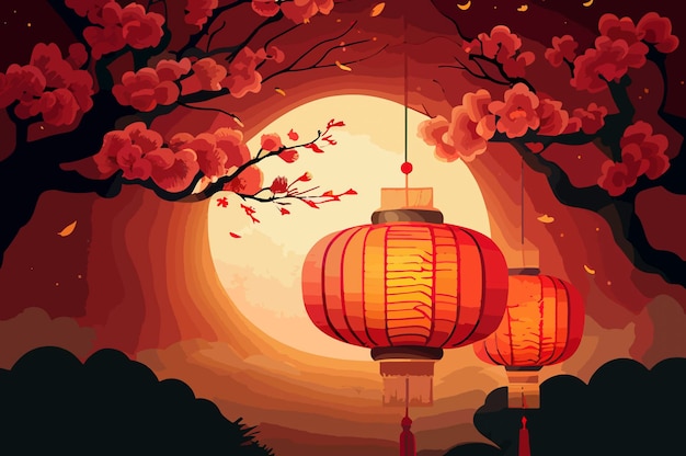 Szczęśliwego chińskiego nowego roku kwiaty sakura i tradycyjna latarnia na czerwonym tle
