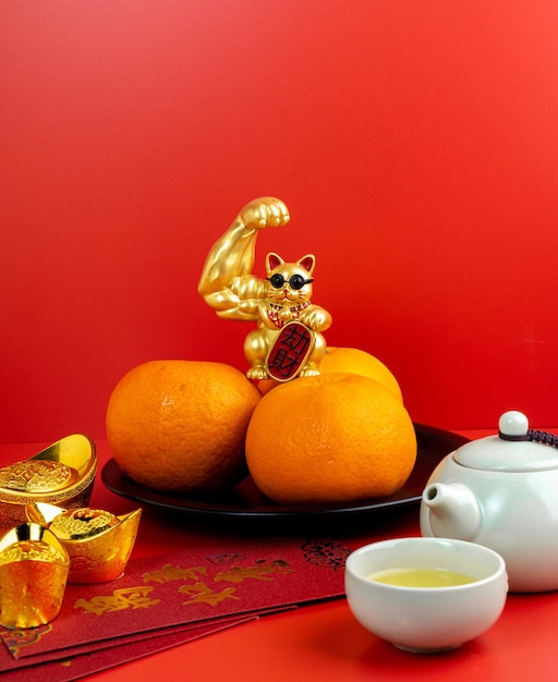 Szczęśliwego chińskiego nowego roku z mandaryńskimi pomarańczami Chińskie zdania odpowiednio oznaczają szczęście.