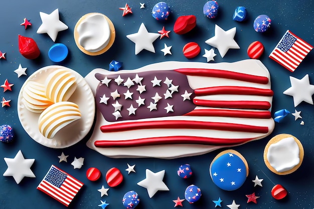Szczęśliwego Dnia Niepodległości 4 lipca z amerykańską flagą ozdobioną słodkimi pokarmami Generative Ai