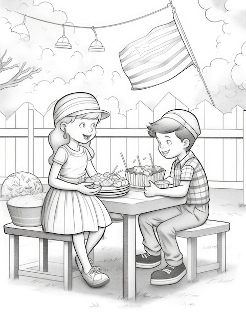 Szczęśliwego Dnia Niepodległości Ameryki dla dzieci do kolorowania strona prosta czarno-biała bez cieniowania białego tła