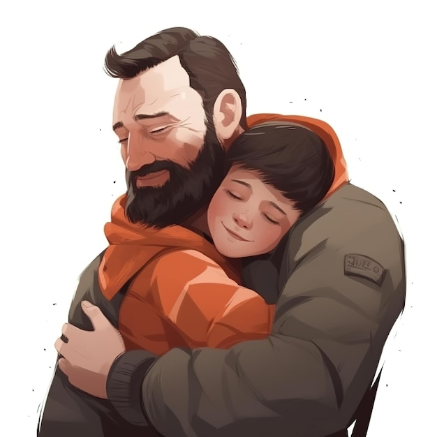 Szczęśliwego Dnia Ojca z ojcem i dzieckiem przytulającymi się do siebie