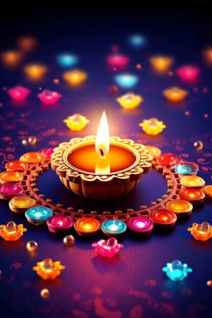 Szczęśliwego festiwalu Diwali świateł kolorowego tła z dekoracyjną lampą Diya i Rangoli