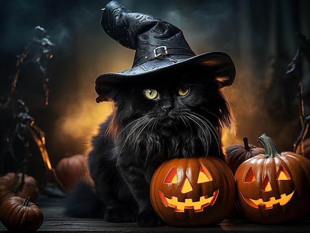 szczęśliwego halloween z czarnym kotem i plakatem z latarnią jack o
