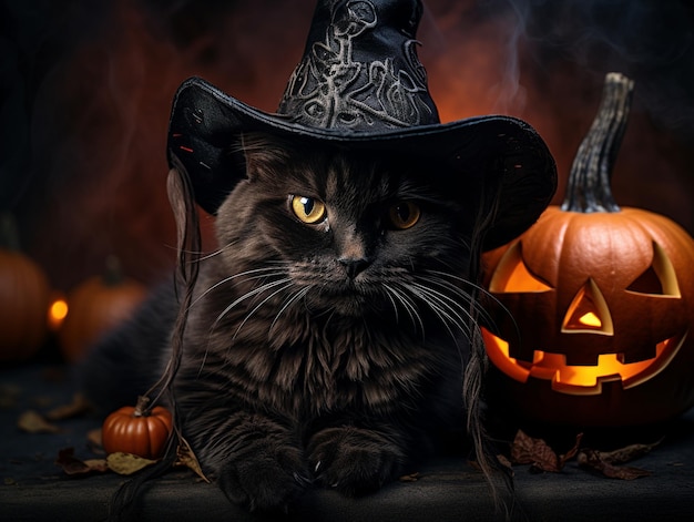 szczęśliwego halloween z czarnym kotem i plakatem z latarnią jack o