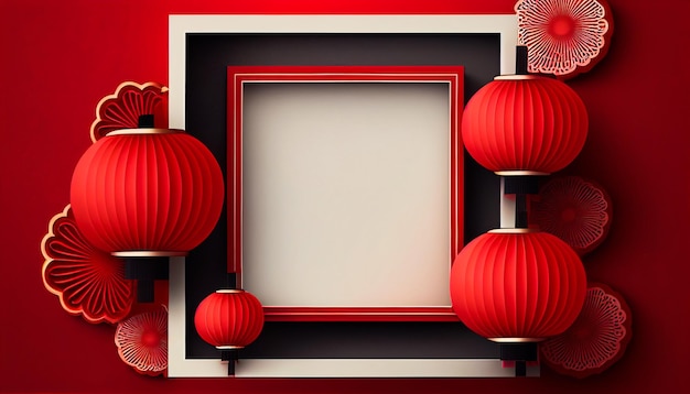 Szczęśliwego Nowego Chińskiego Roku. Baner chińskiego nowego roku z kółkiem na produkt pokazowy. Kartka z życzeniami. Chiny rama z latarnią na czerwonym tle.