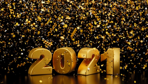 Zdjęcie szczęśliwego nowego roku 2021 i konfetti foliowe spadające na czarnym tle renderowania 3d