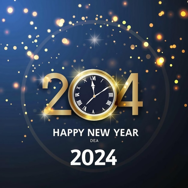 Szczęśliwego Nowego Roku 2024 linia i odważna jasno niebieska neonowa lśniąca typografia z błyszczącymi fajerwerkami na niebieskim