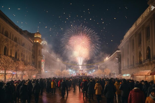 Szczęśliwego Nowego Roku 2024 świętowanie i ludzie koncepcja grupa uśmiechniętych przyjaciół i fajerwerki