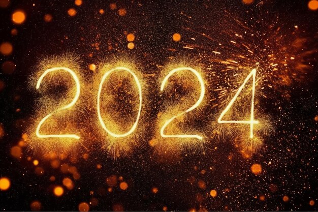 Szczęśliwego Nowego Roku 2024 tekst z błyszczącymi złotymi liczbami na fajerwerkach tło generatywne Ai