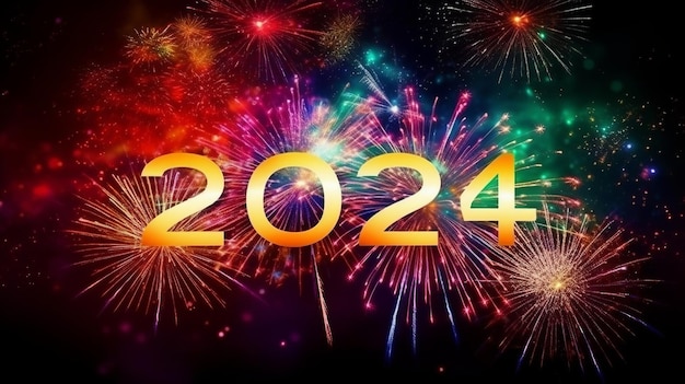 Szczęśliwego Nowego Roku 2024 z fajerwerkami w tle