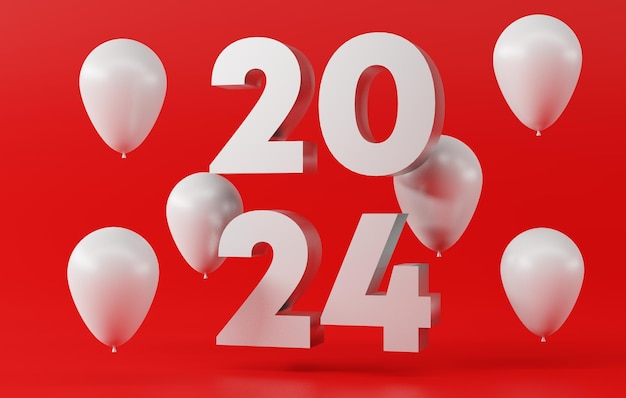 Szczęśliwego Nowego Roku 2024 znak na czerwonym tle realistyczne balony 3d dekoracja renderowania 3d