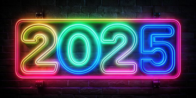 Szczęśliwego Nowego Roku 2025 świecący neonowy znak na ceglanym tle ściany