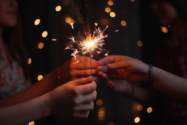 Szczęśliwego Nowego Roku Przyjaciele świętują płonącymi ognie w rękach przed lampkami choinkowymi