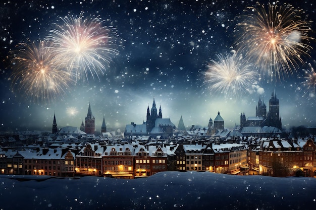 Szczęśliwego Nowego Roku śnieżne miasto z fajerwerkami