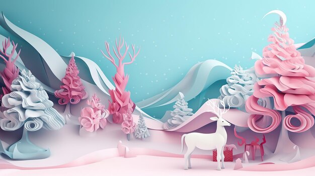 Szczęśliwego nowego roku świąteczny abstrakcyjny projekt Miękki pastelowy kolor niebieski i różowy białe choinki kolorowy zimowy krajobraz