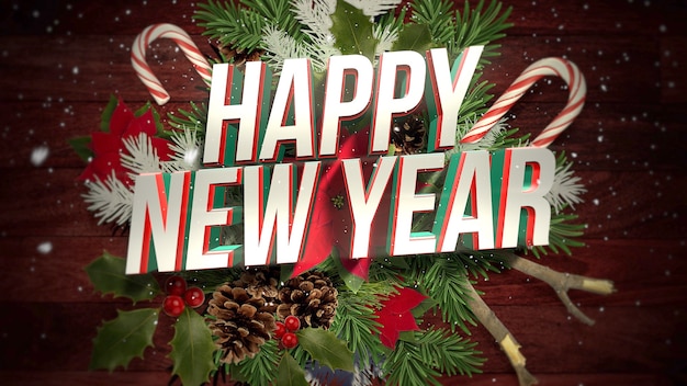 Szczęśliwego nowego roku tekst, białe płatki śniegu na cukierki i zielony oddział Boże Narodzenie, tło drewna. Luksusowa i elegancka dynamiczna ilustracja 3D na zimowe wakacje