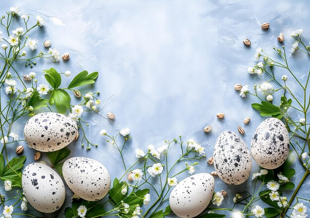 Zdjęcie szczęśliwego wielkanocnego tła z jajkami, kwiatami i kopiowaniem przestrzeni