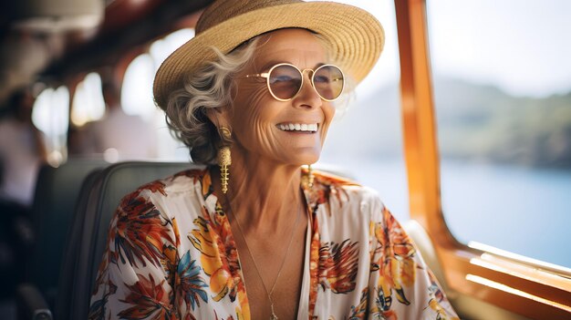 Zdjęcie szczęśliwej emerytury starsza kobieta lubi stylowy rejs