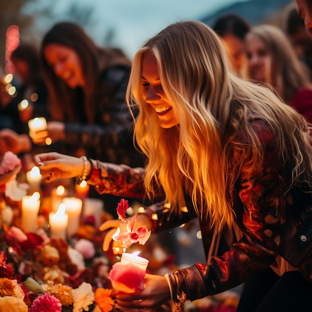 Zdjęcie szczęśliwej kobiety festiwalu diwali świętującej diwali z pełną szczęścia kobietą świętującą diya