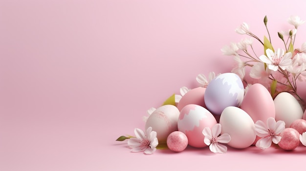 Zdjęcie szczęśliwej wielkanocy gratulacje wielkanocne tło jajka wielkanocne i kwiaty