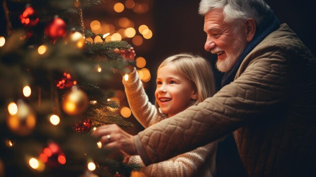 Szczęśliwi dziadkowie umieszczający dekorację na choince Sezon świąteczny